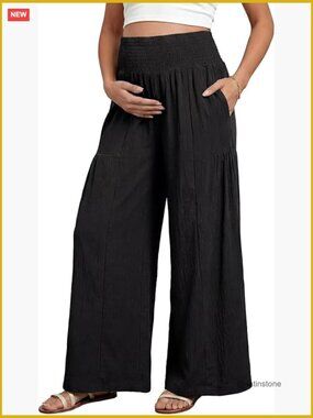 Maternity Smocked Waist Palazzo Pants Wide Leg Casual Trousers Pregnancy